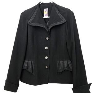 Vintage Zelda 90's Y2K Artsy Black Button-Up Jacket Soutache Trim, Size 8